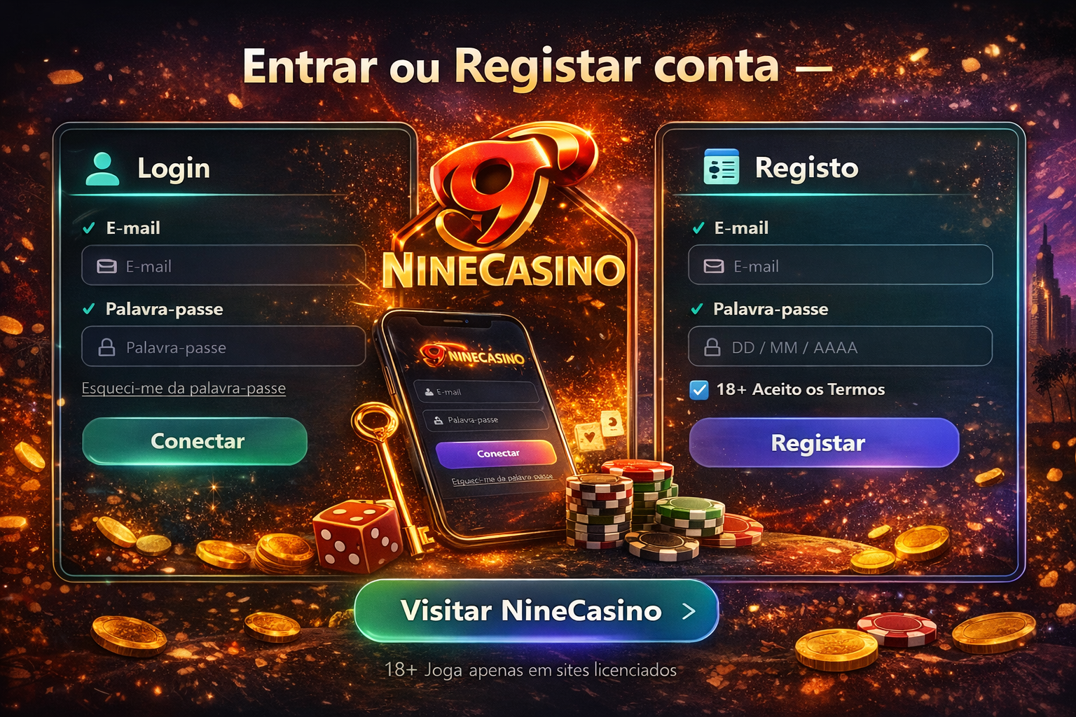 Imagem ilustrativa: formulário de login/registo NineCasino